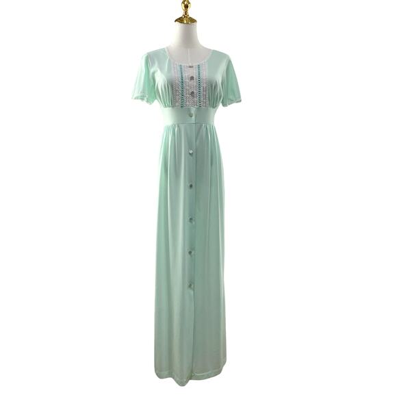 Vintage 70s Boho KOMAR Mint Green Nylon Lacy Bodice Maxi Dress Nightgown Size S - Picture 3 of 10